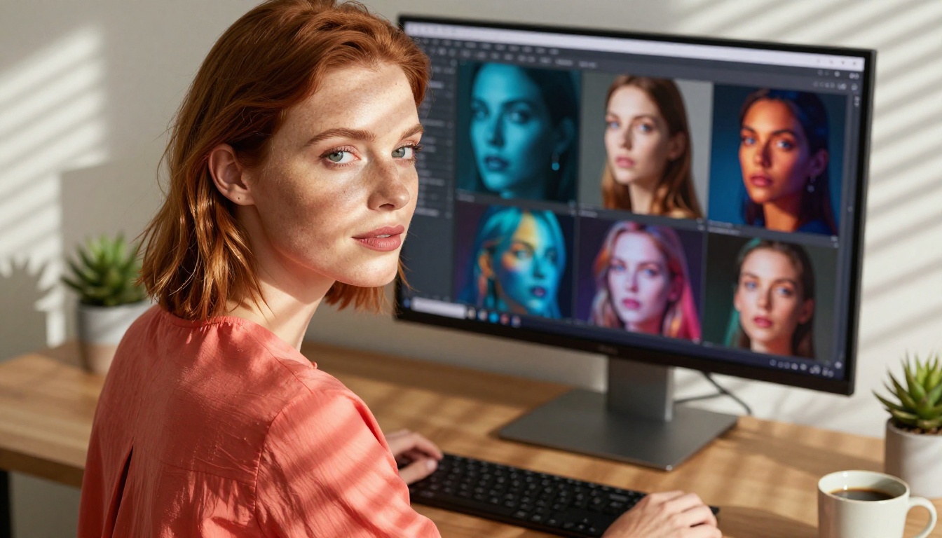 Woman at curved monitor viewing AI-generated artwork samples in a modern workspace