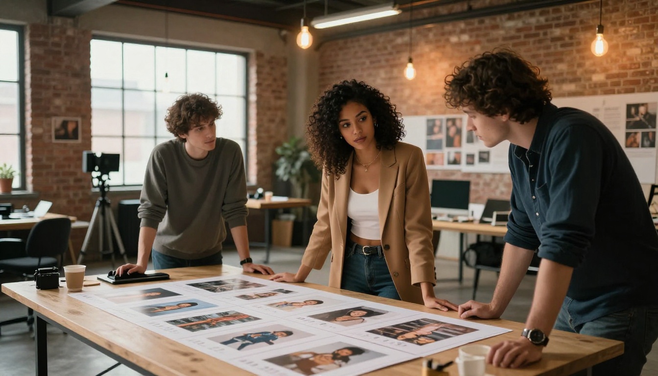 Creative team reviewing AI image comparison grids in an open-plan studio