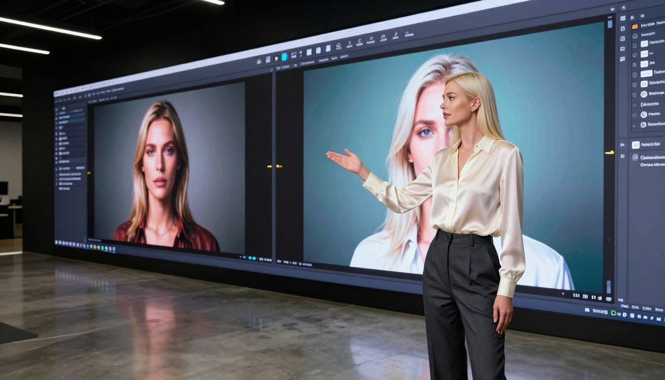 Woman at a technology display wall comparing photorealistic AI image quality
