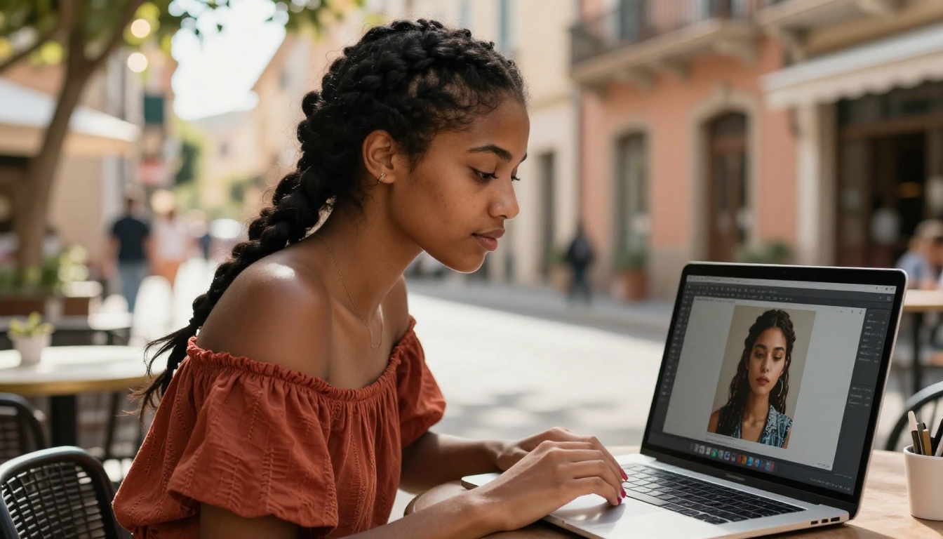 Woman at Mediterranean cafe terrace with AI image generation interface visible on laptop