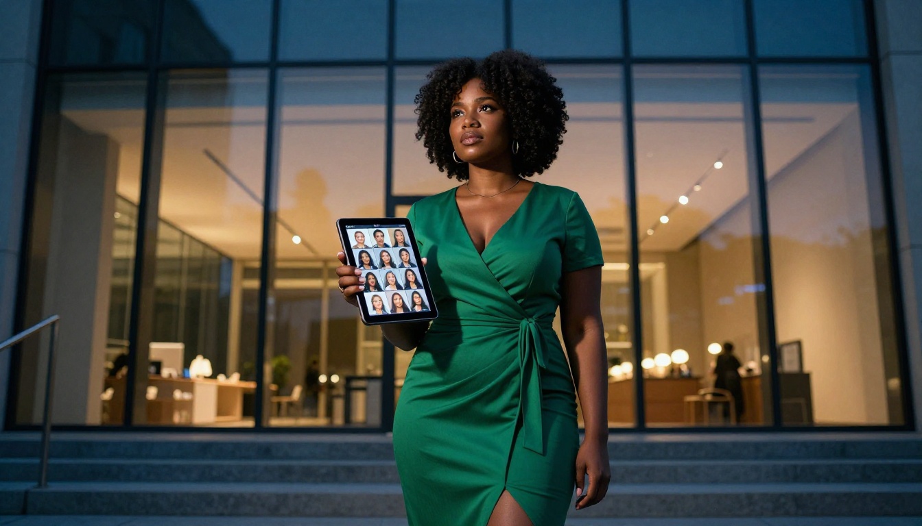 Confident woman with tablet standing outside contemporary glass building at blue hour