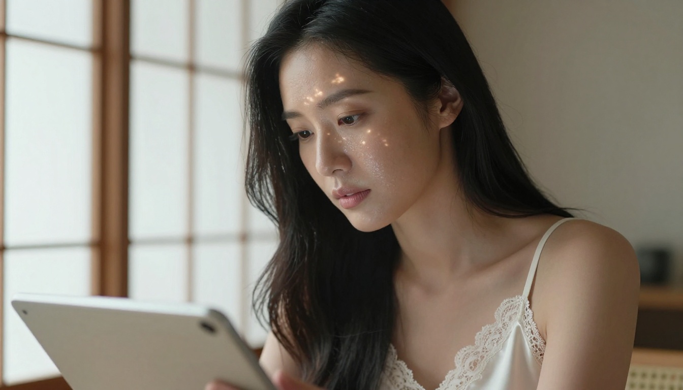 Woman in minimalist Japanese-inspired interior studying a tablet with serene focus