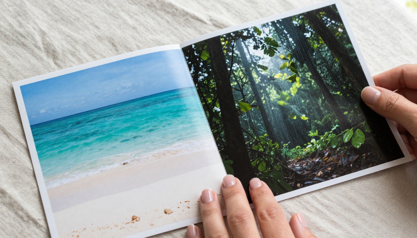 Two printed photographs on a linen tablecloth being merged together, hands gently overlapping the corners Two printed photographs on a linen tablecloth being merged together, hands gently overlapping the corners