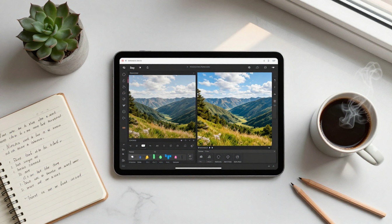 Aerial overhead flatlay of a creative workspace with a tablet showing an AI image editing interface Aerial overhead flatlay of a creative workspace with a tablet showing an AI image editing interface