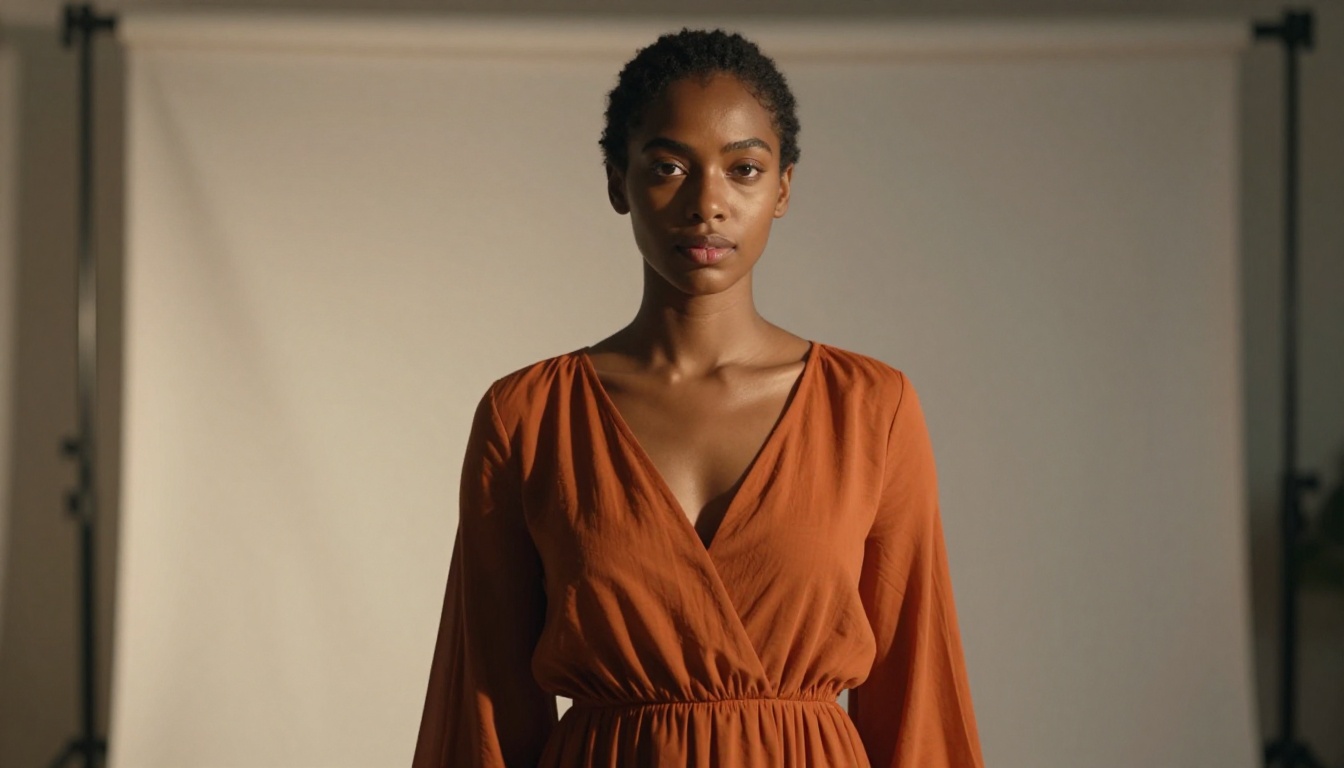 Portrait of a woman in a rust-orange dress in a photography studio with dramatic Rembrandt lighting Portrait of a woman in a rust-orange dress in a photography studio with dramatic Rembrandt lighting