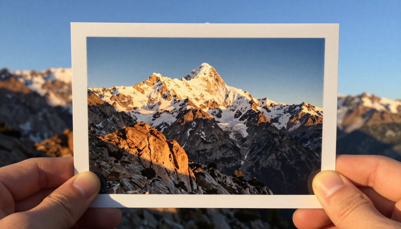Hands holding a printed landscape photo up against the real matching mountain landscape, blending seamlessly Hands holding a printed landscape photo up against the real matching mountain landscape, blending seamlessly