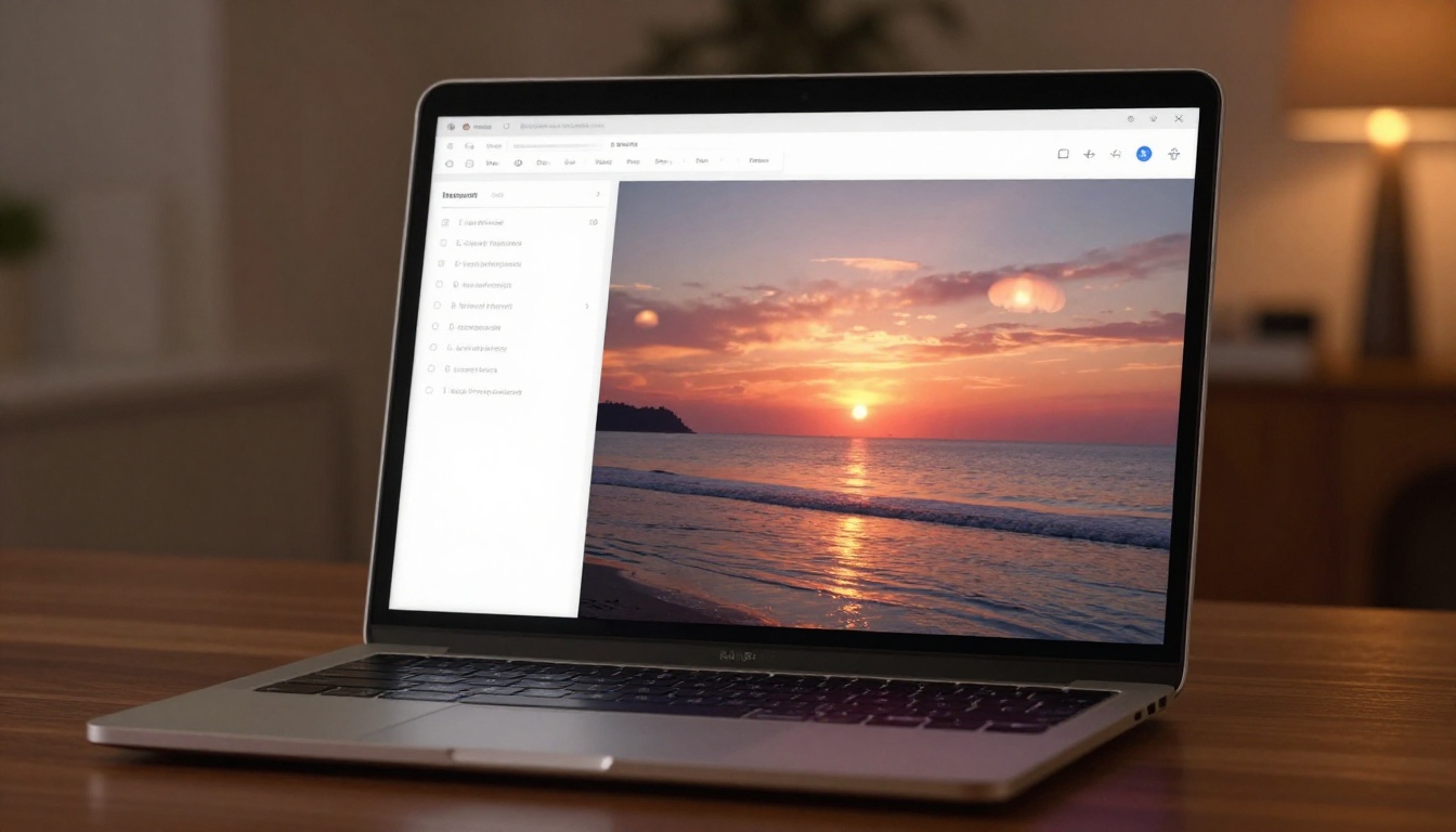 Laptop screen on a dark walnut desk showing an AI image generation dashboard with a vivid coastal sunset output Laptop screen on a dark walnut desk showing an AI image generation dashboard with a vivid coastal sunset output