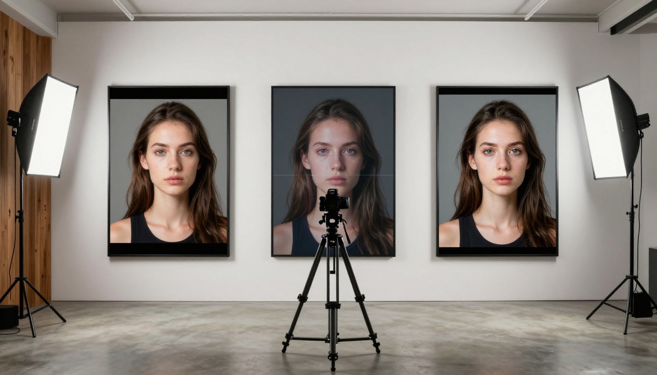 Modern photography studio with three large screens showing original image, processing state, and final AI output