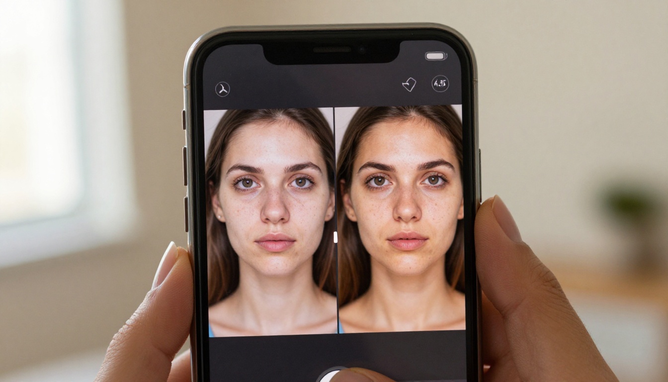 Smartphone held in female hands showing a mobile app with a before-and-after slider revealing AI-enhanced portrait details