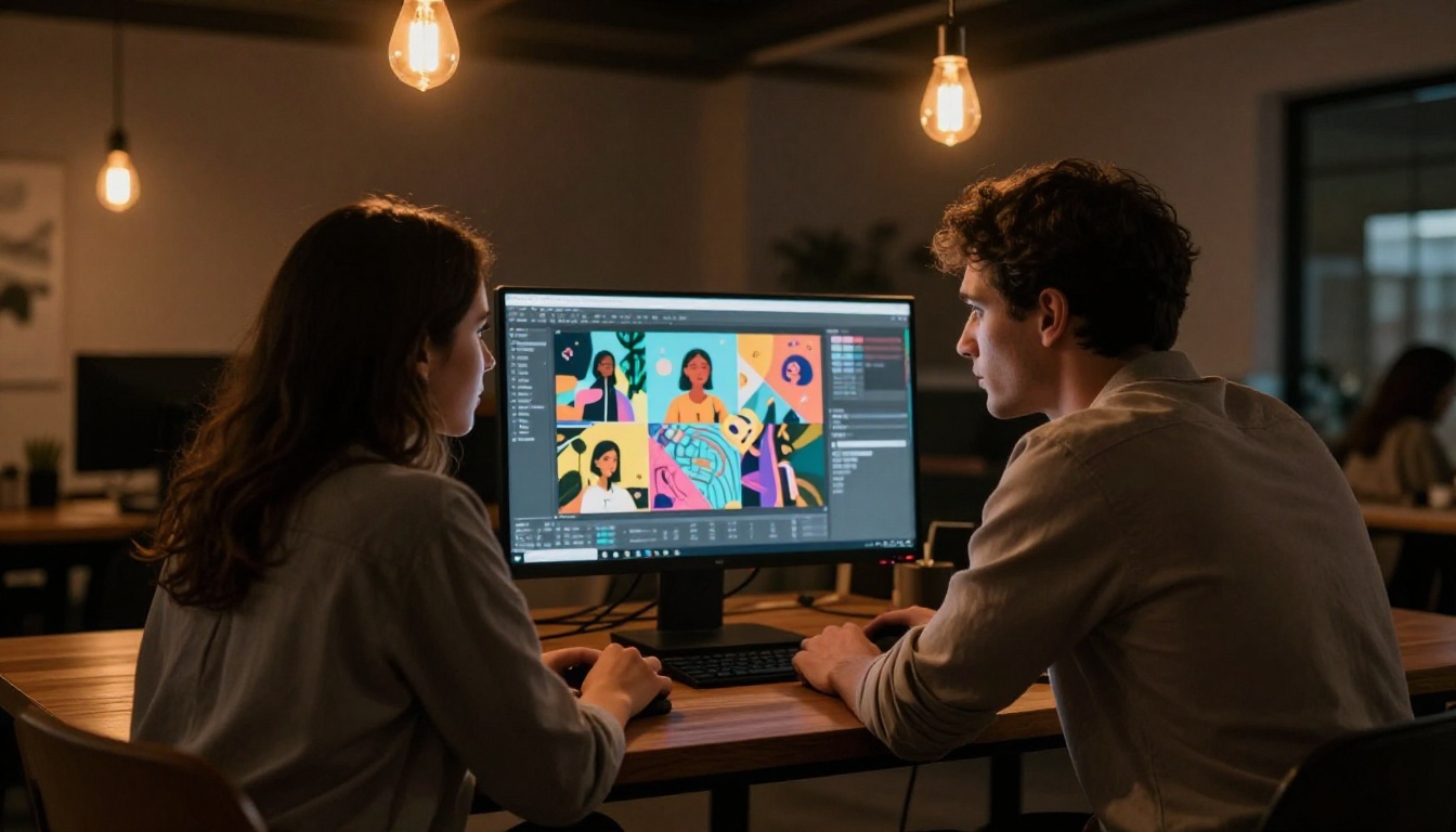 Two creative professionals leaning over a large widescreen monitor in a co-working space at dusk, faces lit by warm screen glow