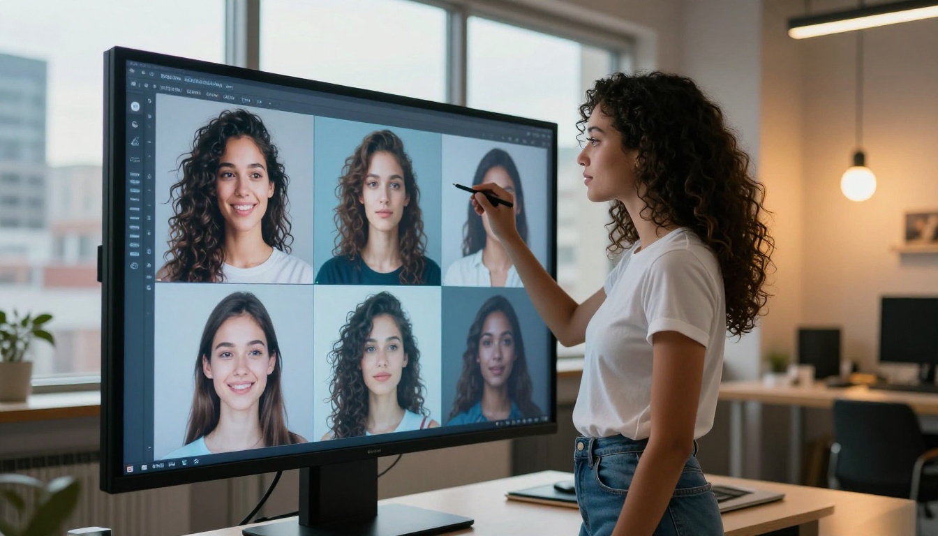 Woman in modern studio looking at AI art on large display