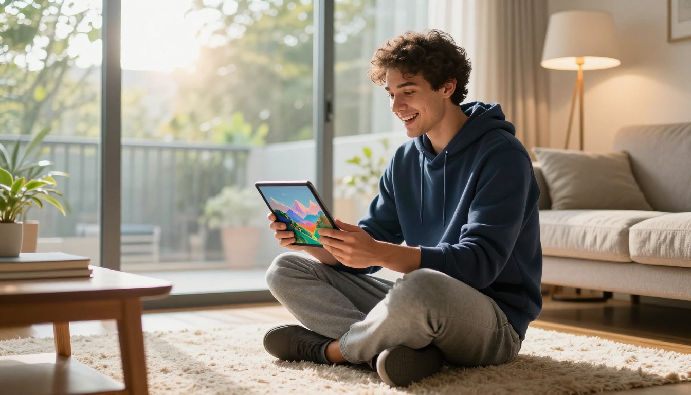 Young professional using tablet on couch, AI art displayed