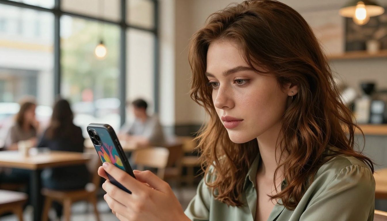 Woman at coffee shop with smartphone showing AI art