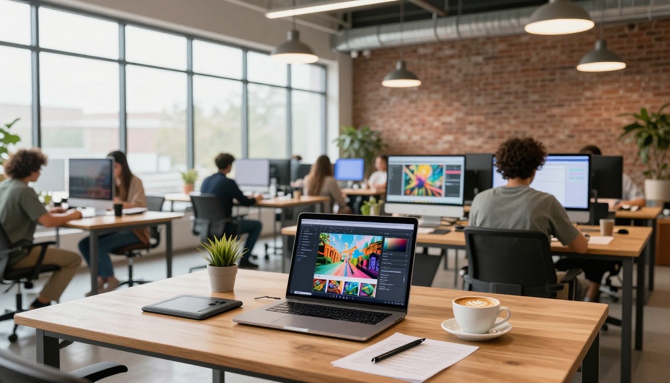 Wide co-working space interior with multiple screens showing creative work