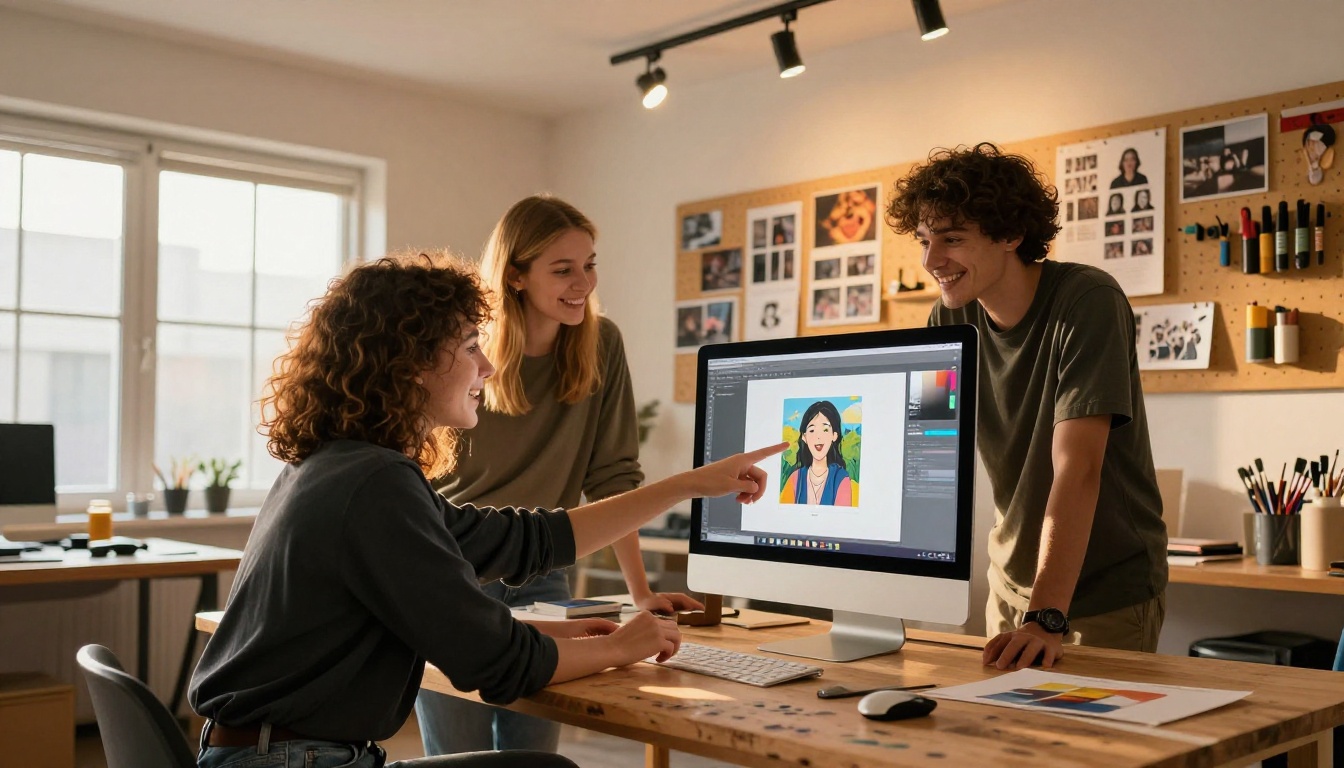 Group of three creatives looking at AI art on large monitor in studio