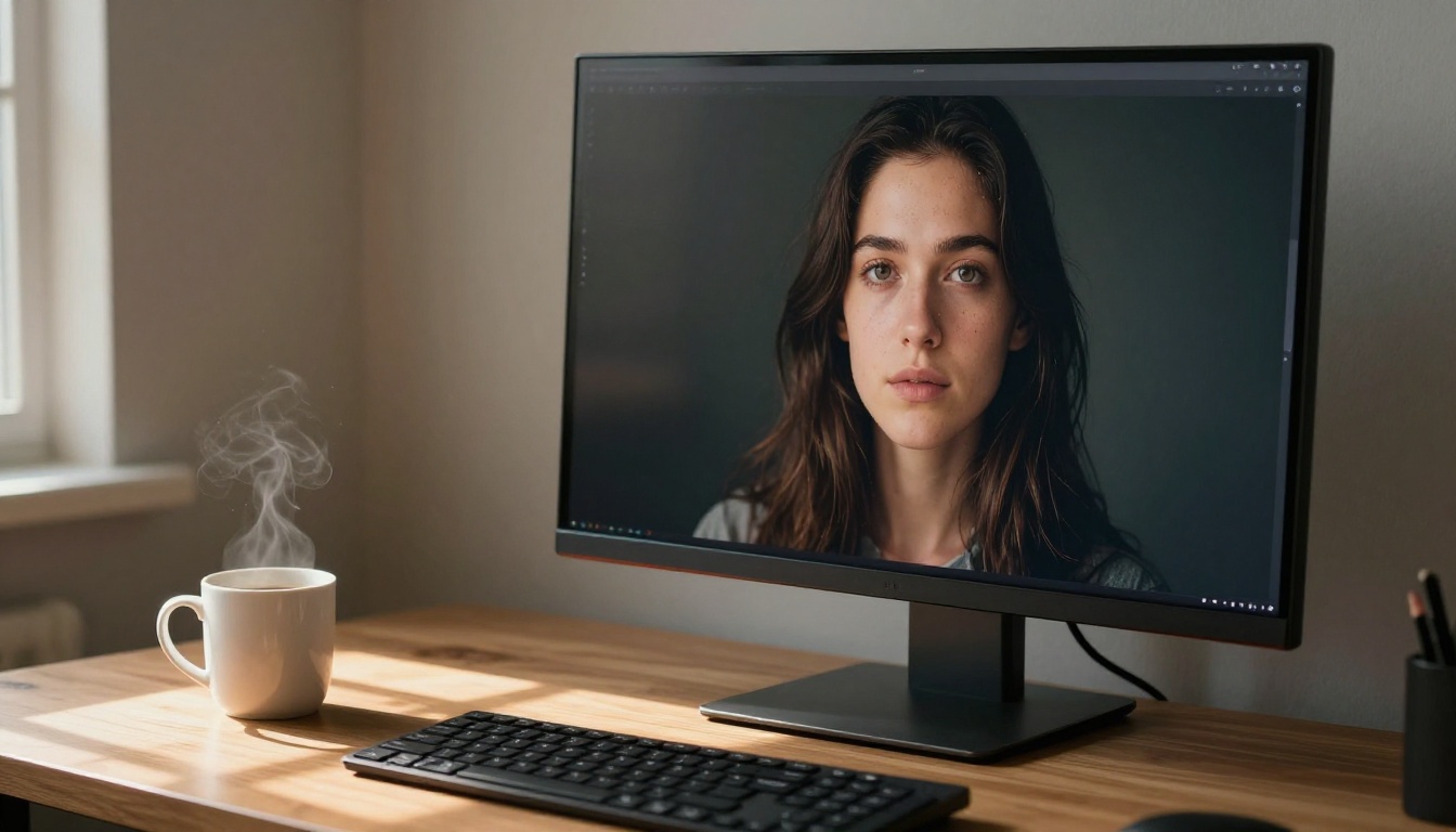 A dark monitor on a minimalist desk displaying a vivid AI-generated portrait, warm afternoon sun streaming from the window