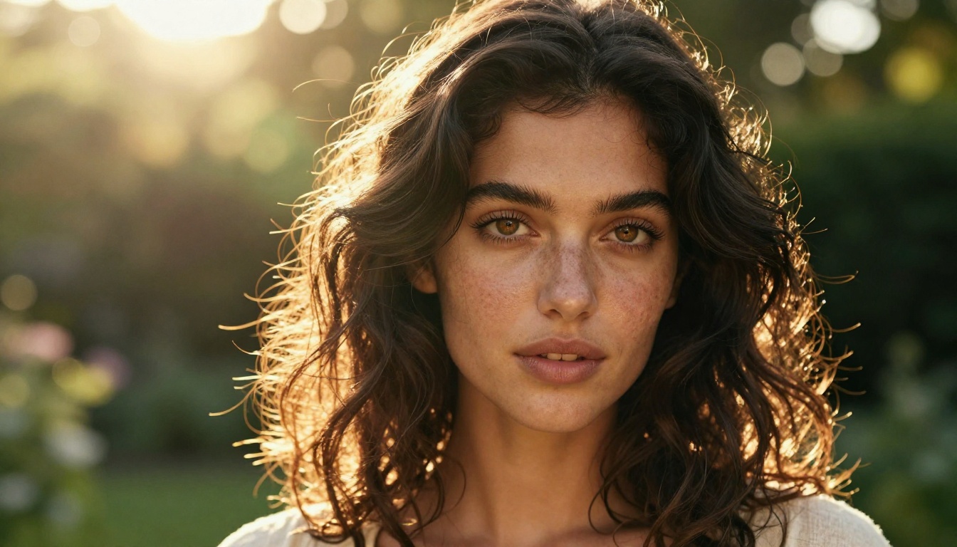Portrait of a beautiful woman with natural olive skin in a lush sunlit garden, golden hour backlight creating a warm halo around her hair