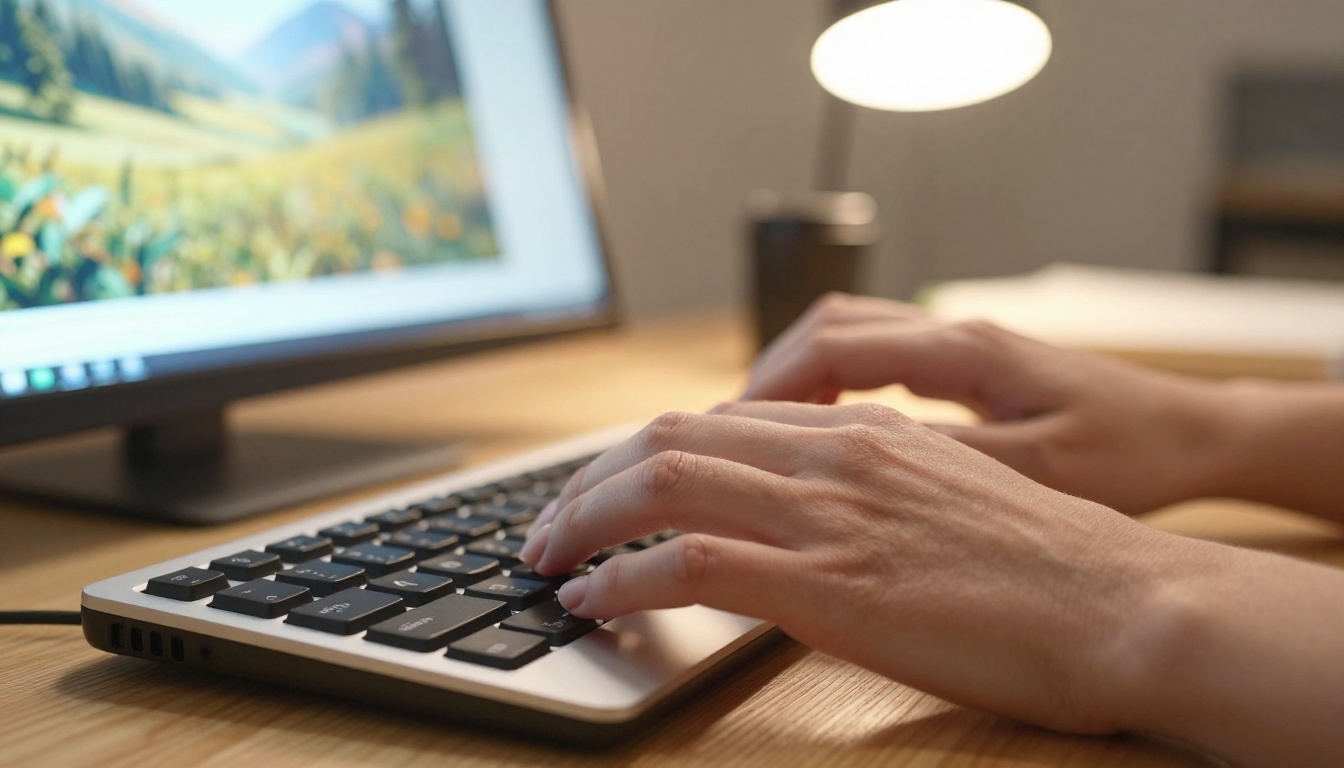 Hands typing an AI image prompt on a mechanical keyboard