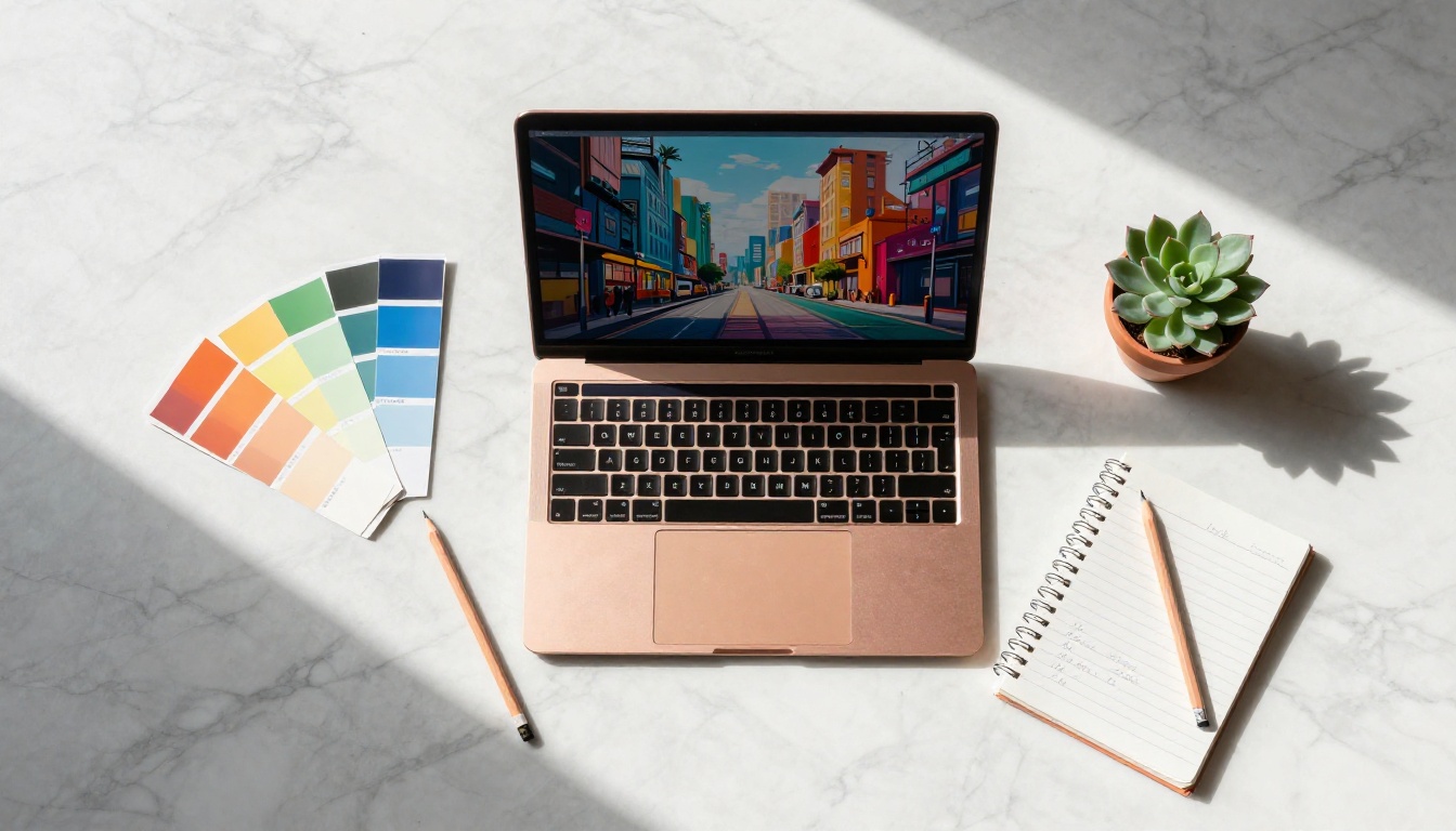Flat lay aerial of a creative workspace on white marble with a rose gold laptop, Pantone swatches, pencils, and notebook casting sharp shadows