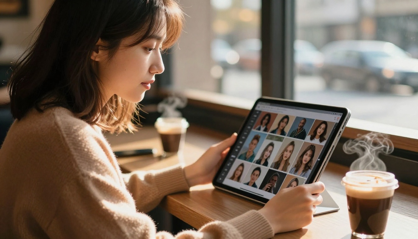 Content creator reviewing AI-generated images on a tablet at a sunlit cafe