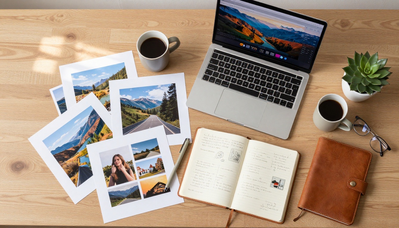 Aerial flat-lay of creative desk with printed AI images, sketchbook, and coffee