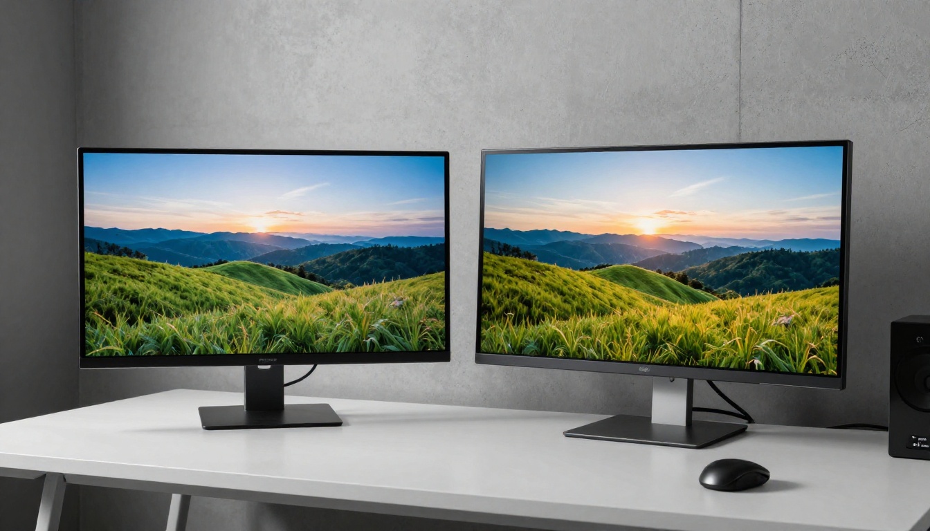 Two premium ultrawide monitors side by side displaying vivid photorealistic landscapes in a modern photography studio