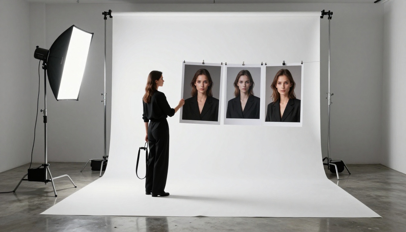 Photography studio with professional comparing traditional and AI-generated prints