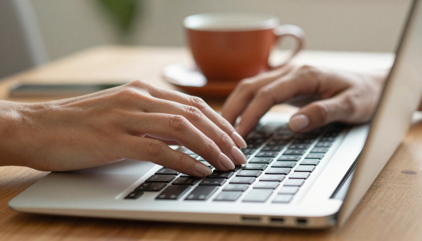 Close-up of a woman's hands typing on a slim silver laptop keyboard, warm afternoon light creating sharp shadows across the aluminum surface