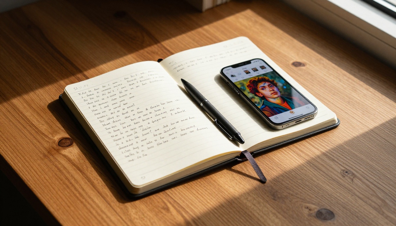 Open hardcover notebook with handwritten notes beside an iPhone displaying colorful AI-generated portrait photographs, warm walnut desk