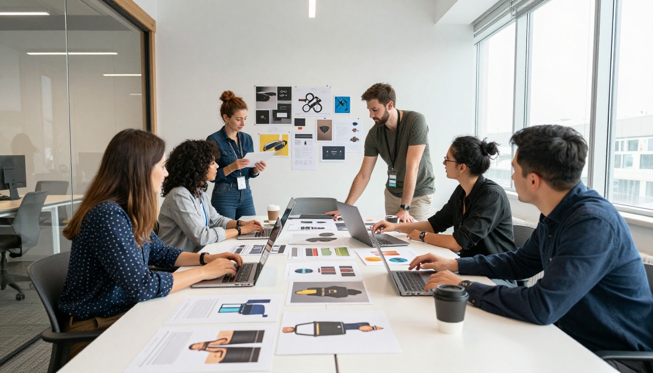 Marketing team reviewing AI-generated visuals in a modern agency office