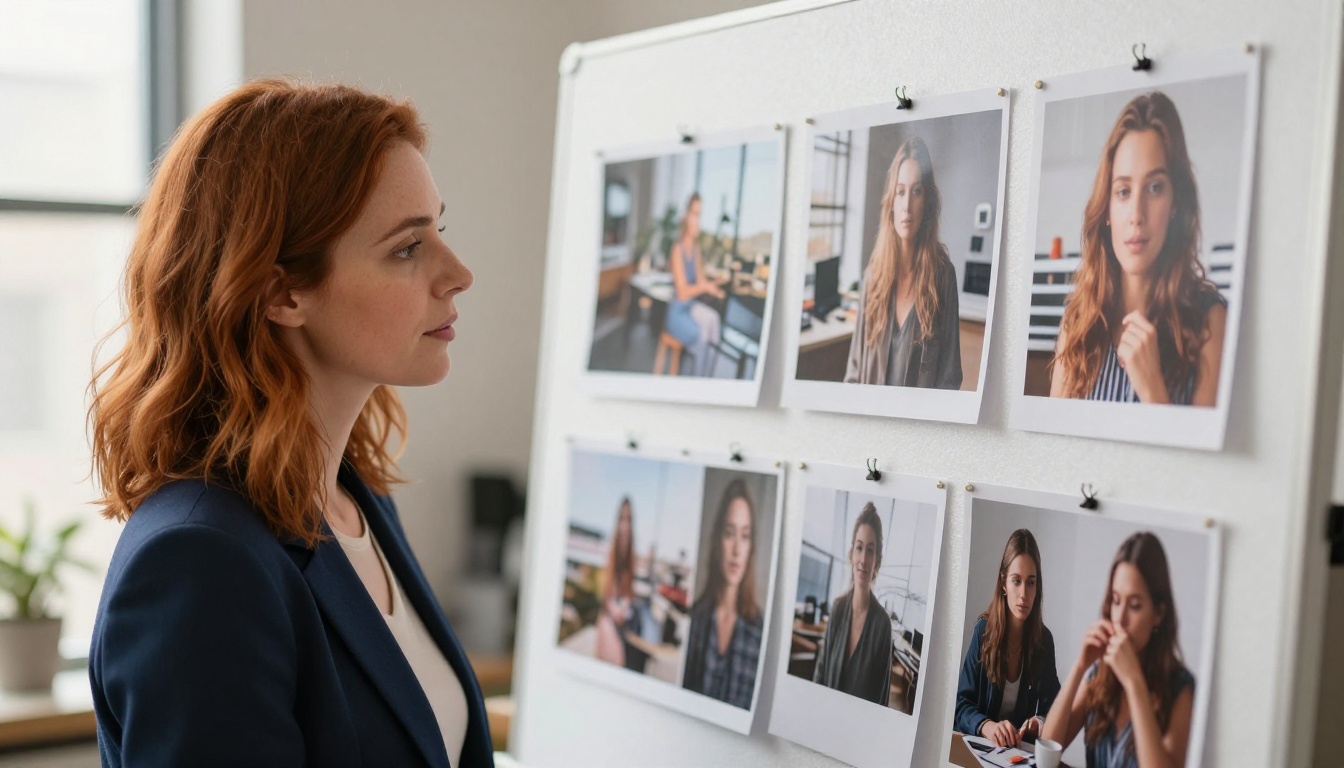Professional female creative director with auburn hair reviewing large format printed photographs in a bright airy studio