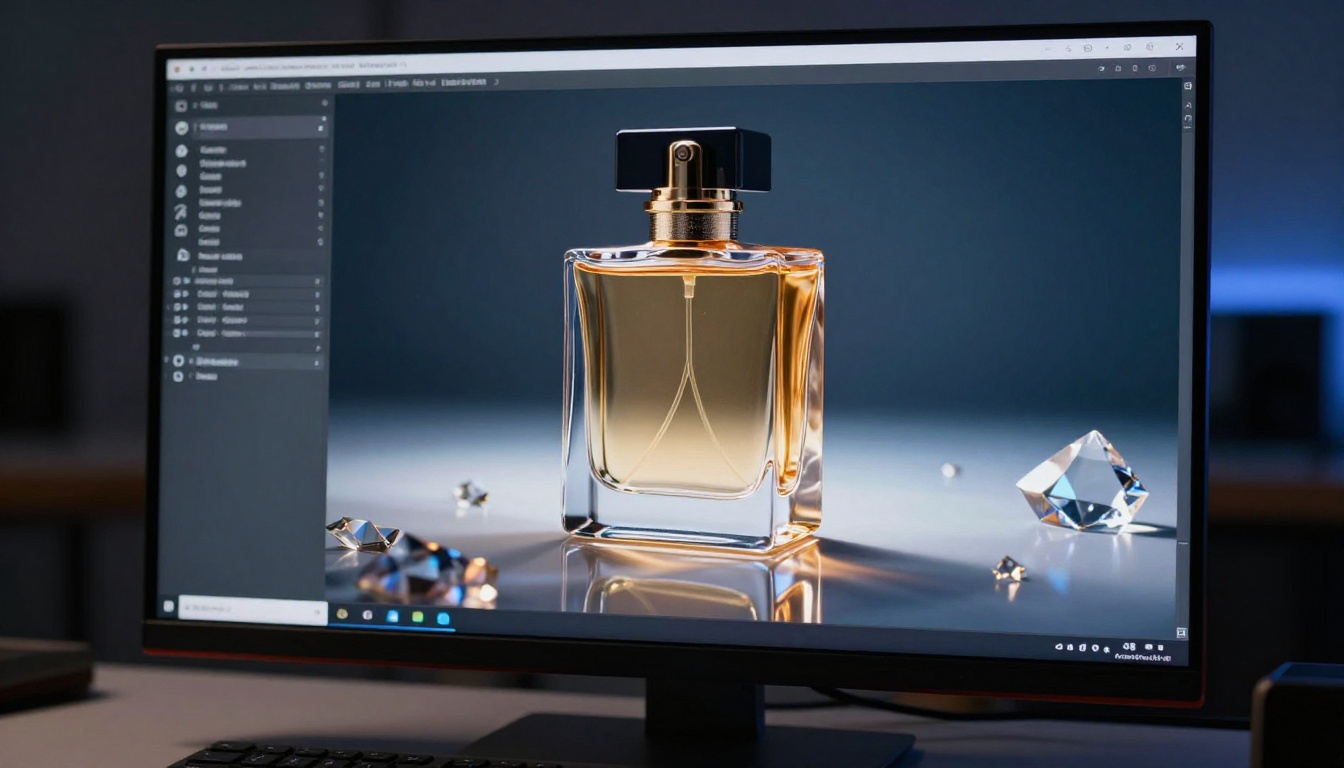 Close-up of monitor displaying AI-generated luxury product advertisement
