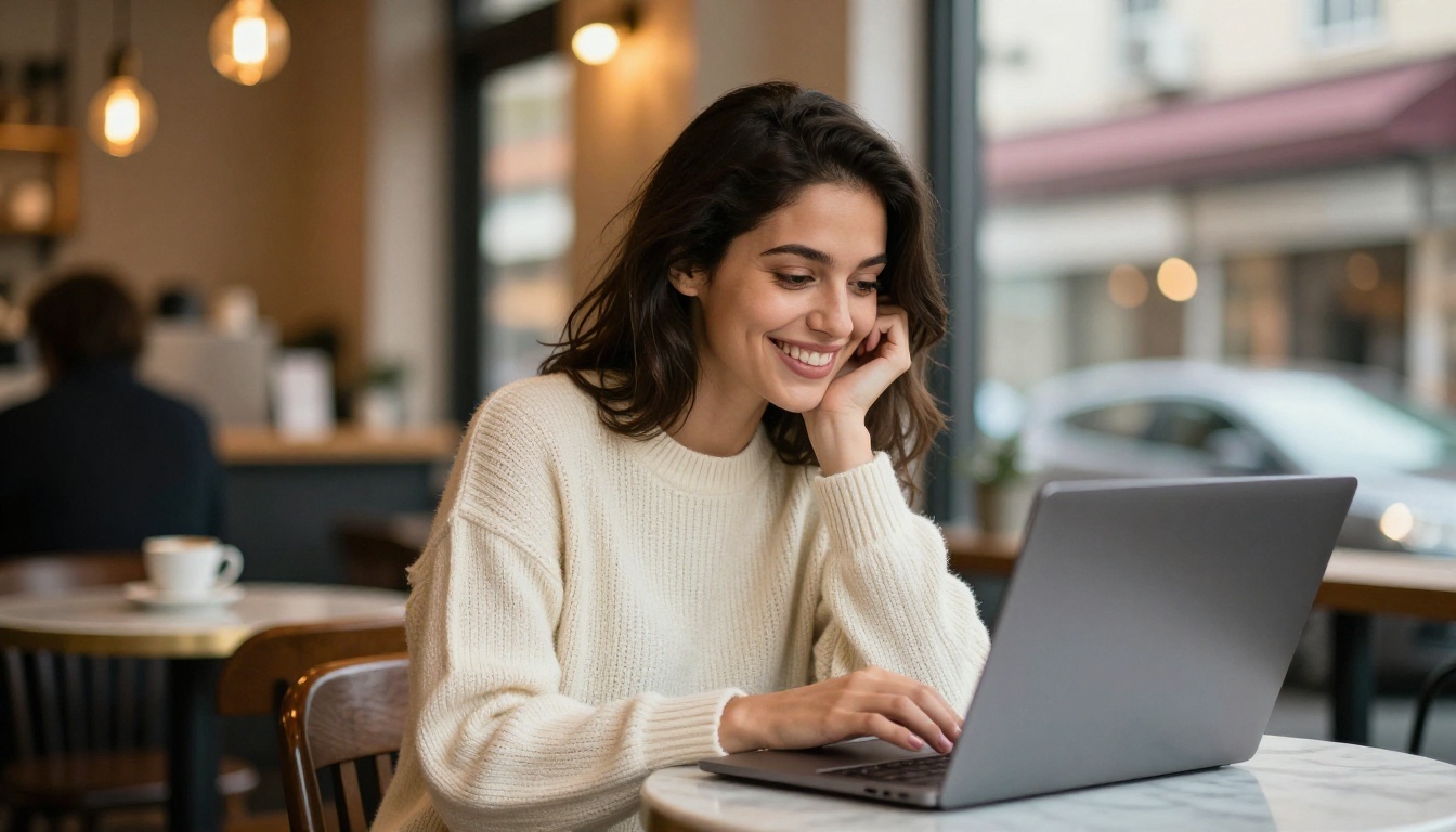 Young woman smiling at her laptop in a warm independent coffee shop with golden Edison bulb lighting and a latte art coffee cup beside her