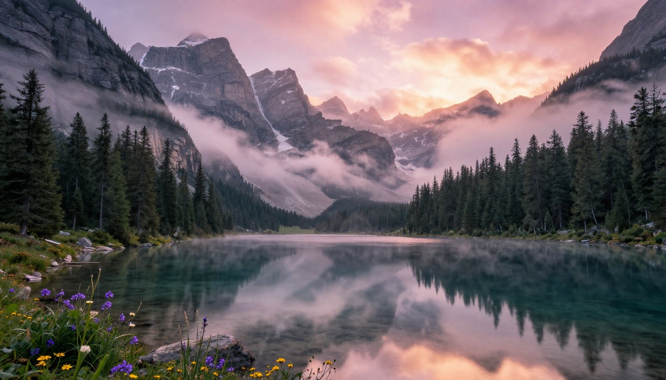 Photorealistic mountain landscape at dawn with alpine lake and wildflowers