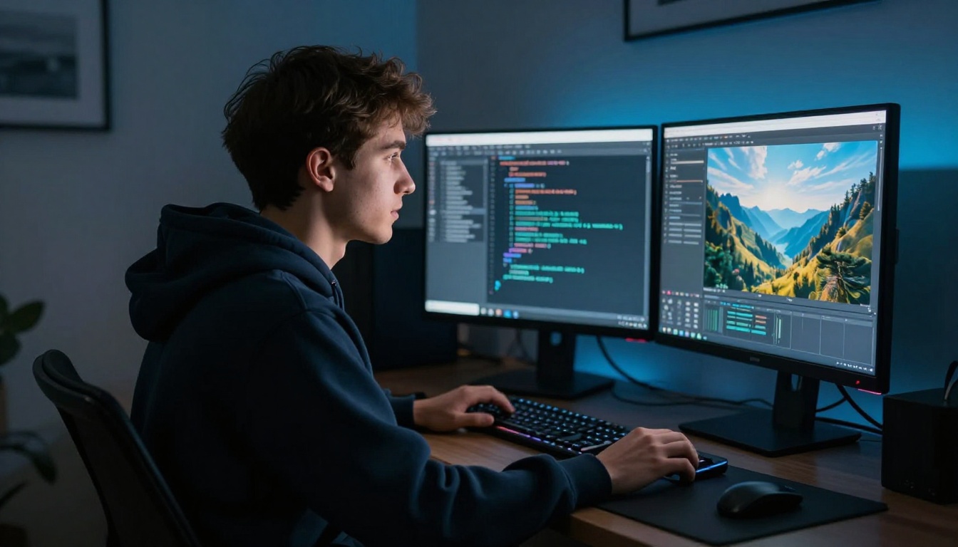 Young developer at dual monitors showing code and AI-generated image in a dim home office