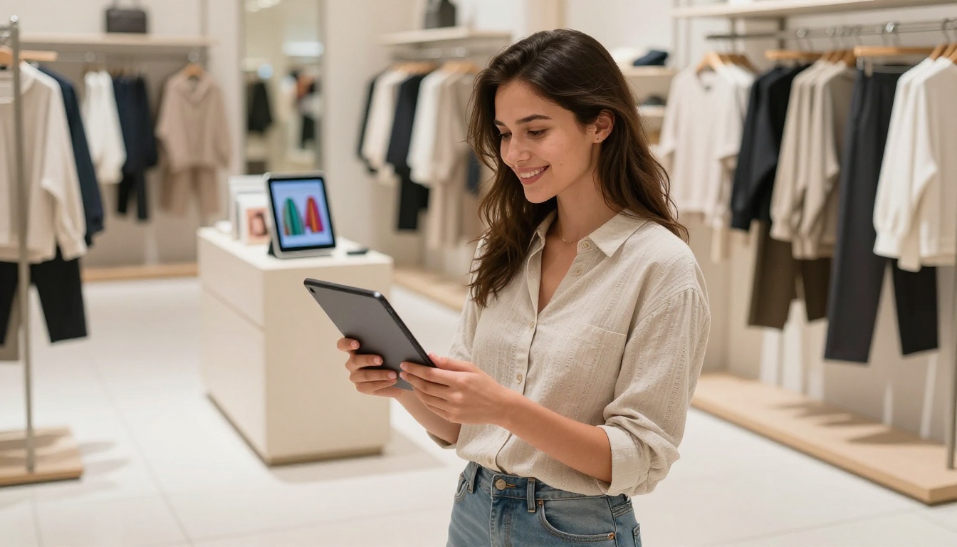 Confident woman in a boutique clothing store holding a product package with AI visuals on a nearby tablet