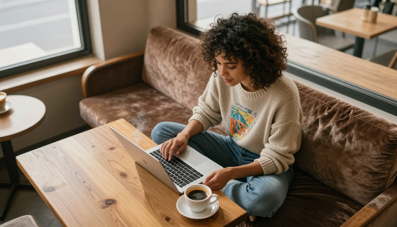 Young creative woman sitting cross-legged in a sunlit cafe with a laptop showing colorful AI artwork