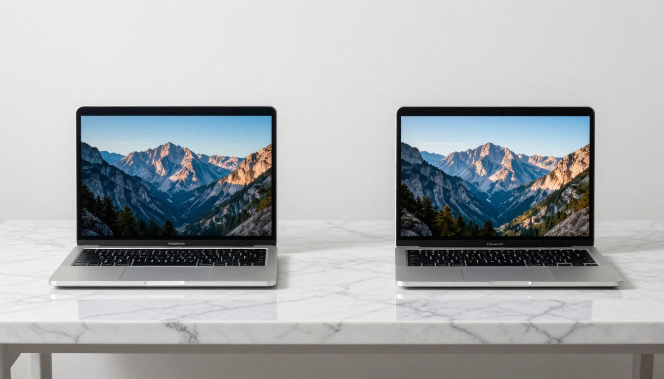 Two laptops side by side on a white marble table showing AI-generated landscape image comparison