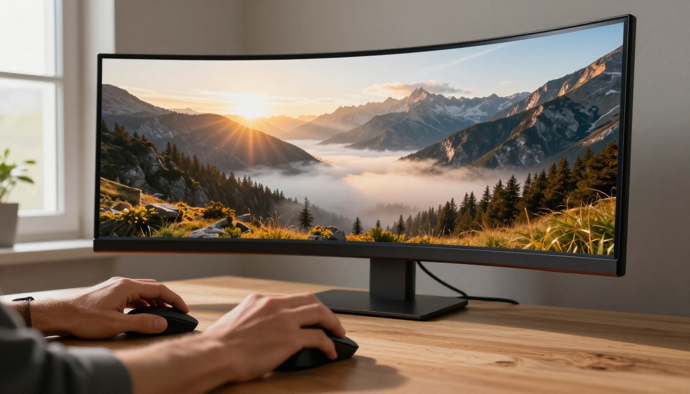 Professional photographer reviewing a high-detail AI-generated landscape on an ultrawide monitor