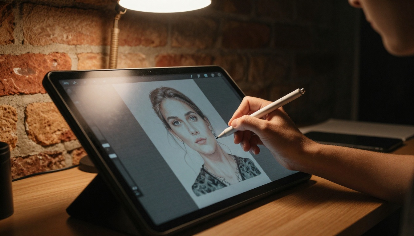 Woman using a stylus on a drawing tablet to edit a portrait image in a creative studio