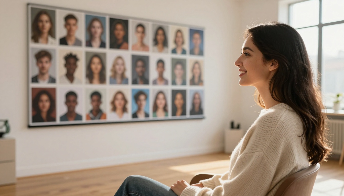 Woman smiling at a gallery of AI-generated portraits displayed on a large screen in a warm creative studio
