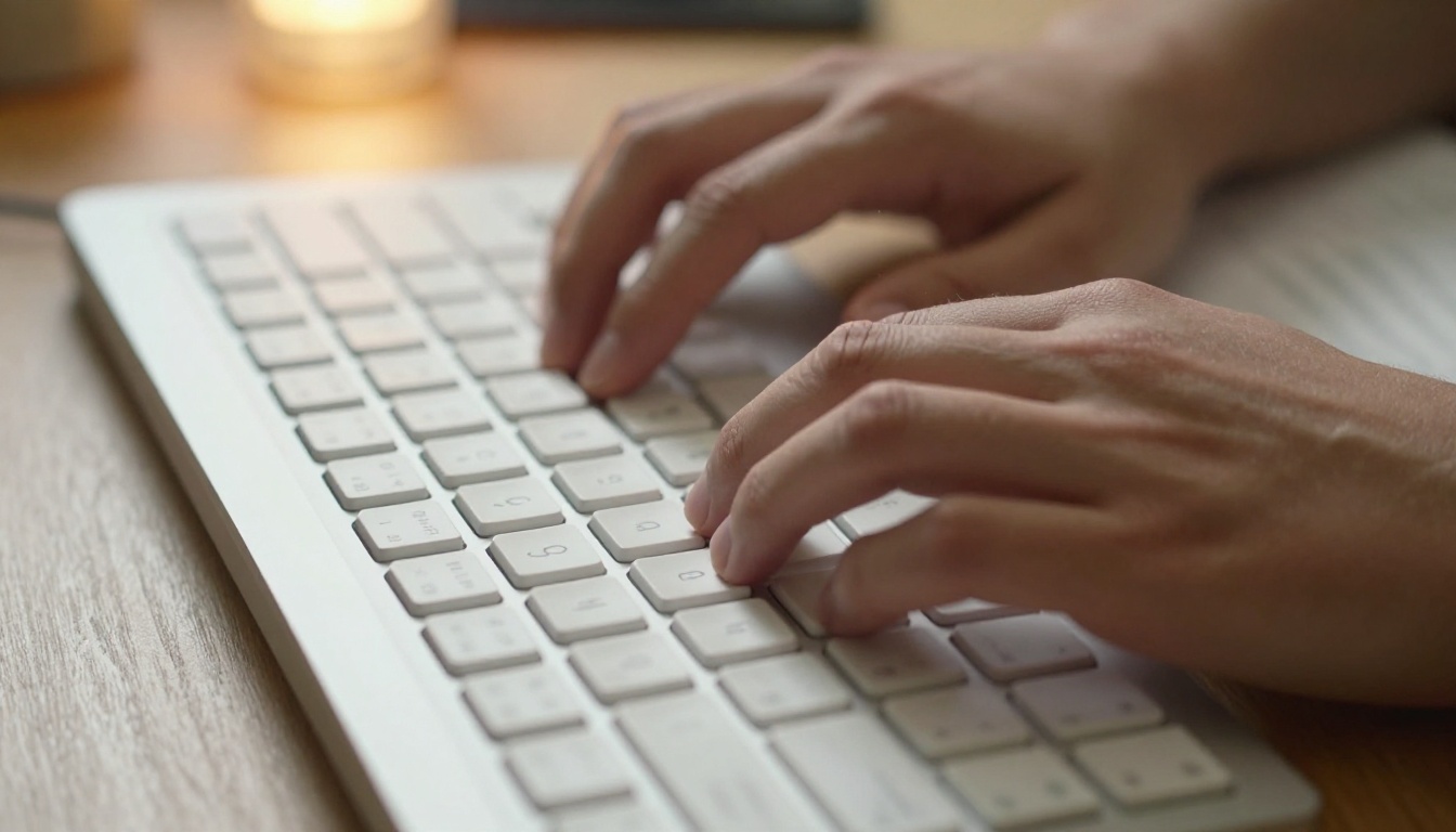 Hands typing on a mechanical keyboard with a notebook of prompts in the background