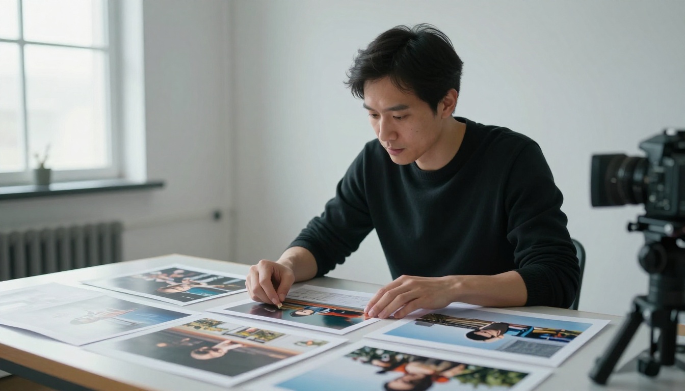 Art director reviewing printed AI-generated photo sheets on a light table in a studio