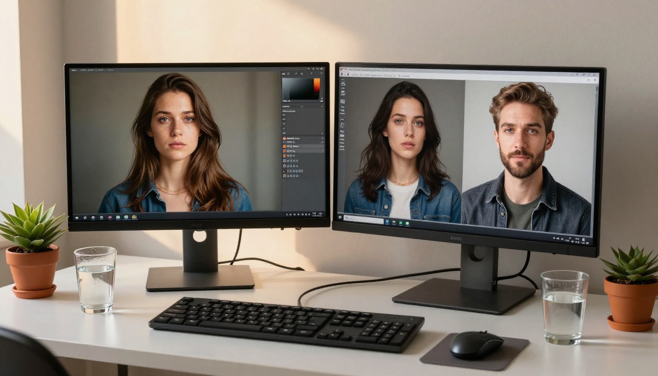 Designer's dual-monitor workspace showing side-by-side AI-generated portraits for comparison
