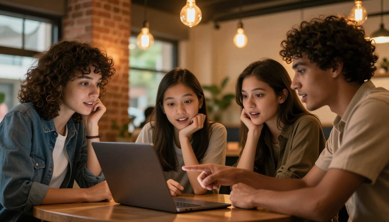 Three young professionals gathered around a laptop in a modern co-working space looking at AI image results
