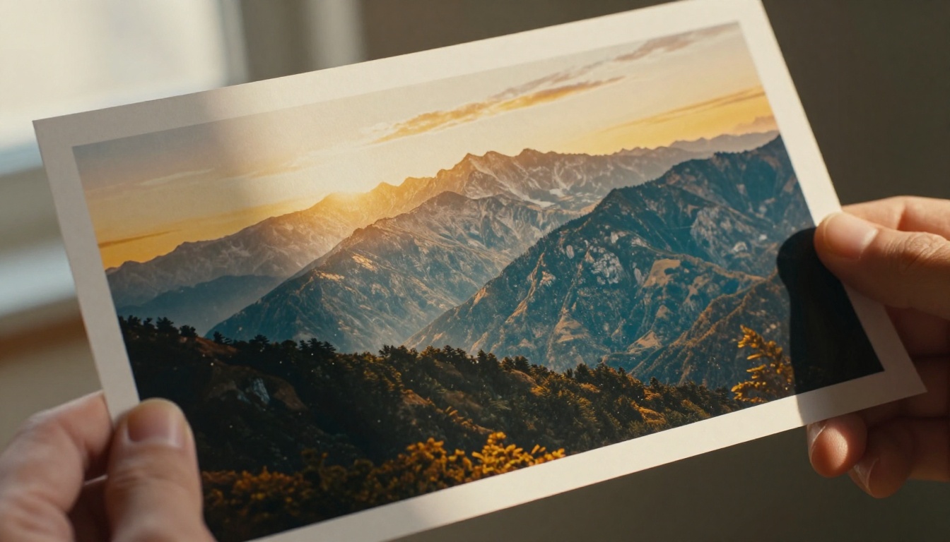 Close-up of printed AI-generated landscape photograph held in two hands with visible paper texture