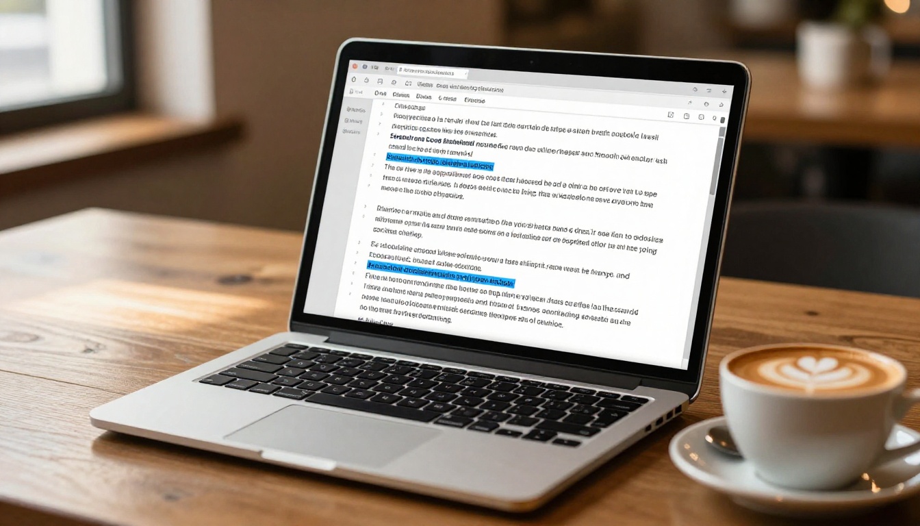 Laptop screen showing a prompt being written in a text editor, cappuccino beside it in a warm coffee shop