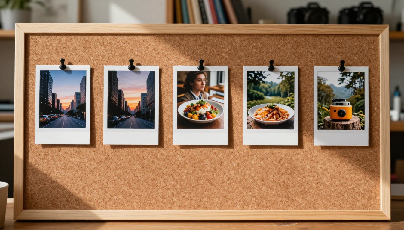 Five printed AI-generated photographs pinned to a cork board in a warm creative studio
