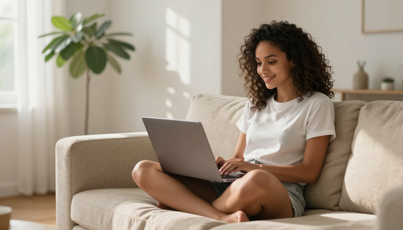 Young woman with curly hair sitting cross-legged on a sofa with a laptop, soft morning light through white curtains