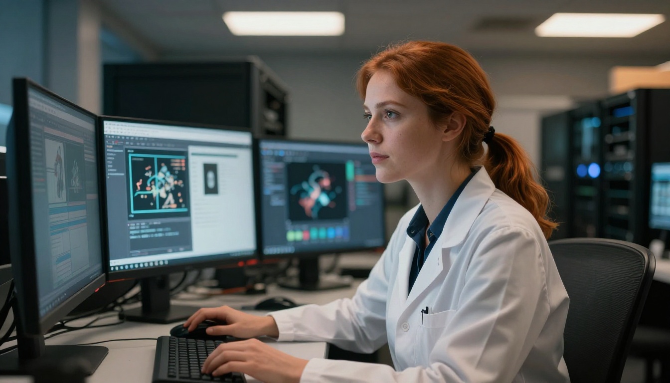 AI researcher at multi-monitor workstation reviewing image generation results AI researcher at multi-monitor workstation reviewing image generation results